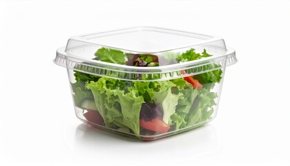 Fresh Salad in Clear Plastic Container on White Background.