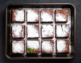 Freshly Baked Brownies Dusted with Powdered Sugar on Baking Sheet Top View.