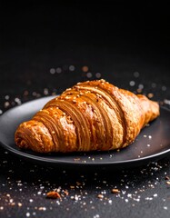 Golden Croissant on Dark Plate Closeup Detail.