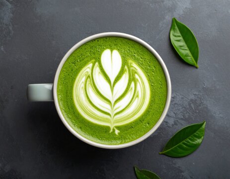 Exquisite Matcha Latte with Intricate Rosetta Art TopDown on a Dark Slate Surface.