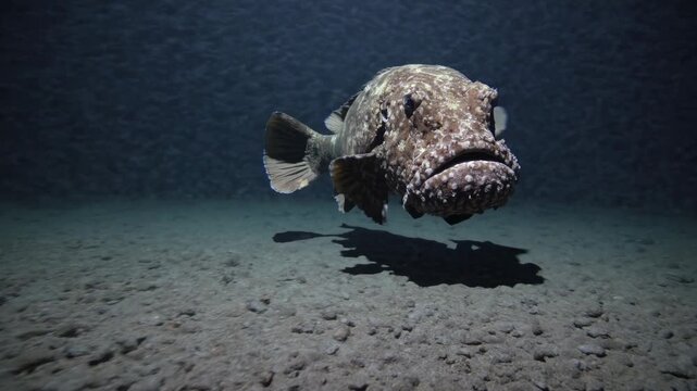 Underwater video still of a fish swimming near the ocean floor. Captured from a side angle, highlighting the serene and mysterious aquatic environment.