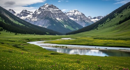 Majestic mountain landscape with a winding river flowing through a green valley
