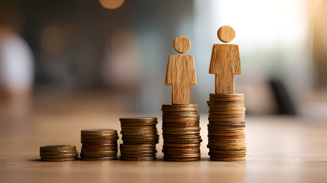 Wooden figures standing on increasing stacks of coins symbolizing gender pay gap
