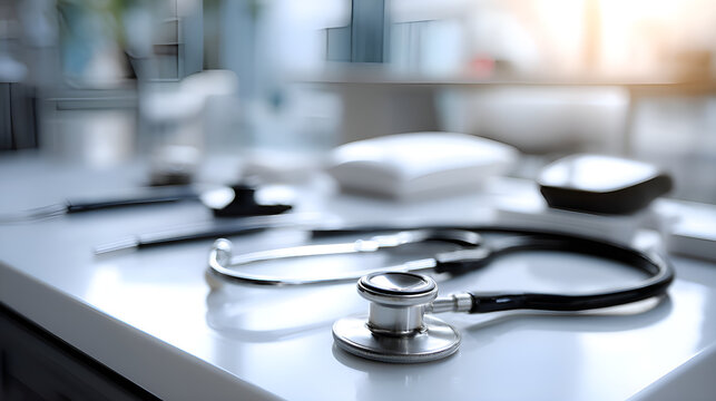 Stethoscope lying on desk in doctor's office symbolizing healthcare - Powered by Adobe