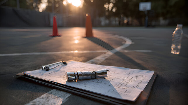 Coach planning a training session on a basketball court at sunset