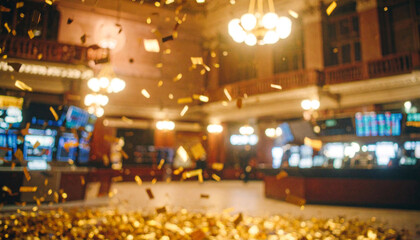 Fototapeta premium Golden Confetti Explosion in Trading Floor . Economy Concept. Generated Image