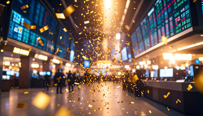 Golden Confetti Explosion in Trading Floor
. Economy Concept. Generated Image
