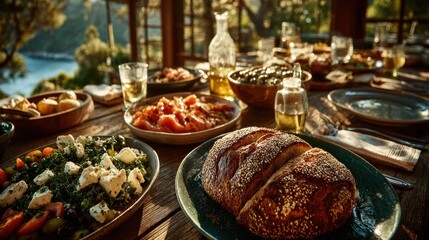 Fototapeta premium Outdoor dining table laden with diverse dishes, overlooking a scenic vista