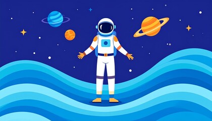 Astronaut in space, surrounded by planets and waves