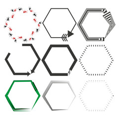 Hexagon icons set. Ant border symbol. Vector frame elements. Creative black outlines.