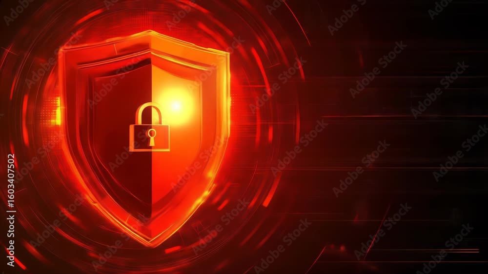 Poster dynamic digital security concept featuring glowing red shield with padlock symbol on a dark backgrou