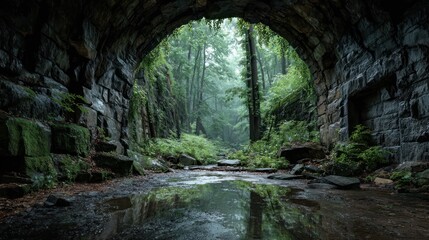 Mystical Stone Tunnel View with Lush Forest Scenery and Water Reflection