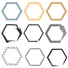Creative hexagon frames. Patterned vector shapes. Artistic border symbols. Stylized black outlines.