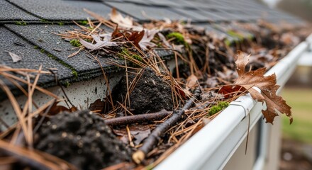 Detailed shot of overfilled gutter showing accumulated natural waste along roof edge.