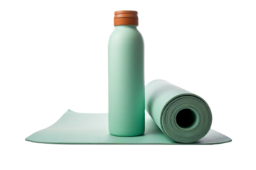 Rolled yoga mat beside water bottle
