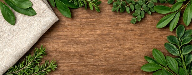 Flat Lay Organic Grocery Aesthetic Fresh herbs arranged beautifully on a wooden surface with a linen cloth.