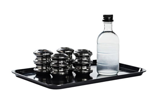 Weight plates leaning beside water bottle