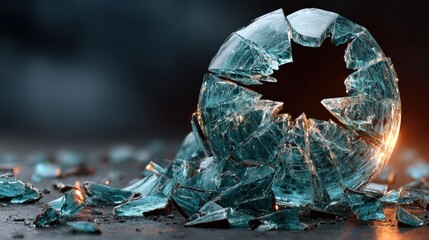 Shattered teal sphere on dark surface