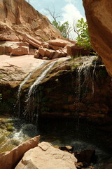 Obraz premium Little waterfall at the end of a hike by Bryce and Zion national parks in utah in summer time