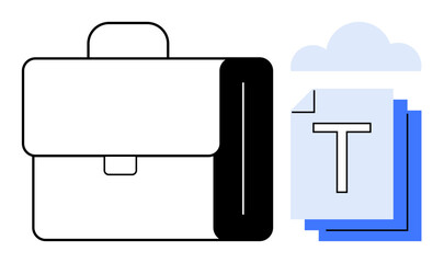 Briefcase beside documents and cloud, representing work, content management, and data storage. Ideal for business, organization, remote work, cloud solutions, content sharing digital collaboration