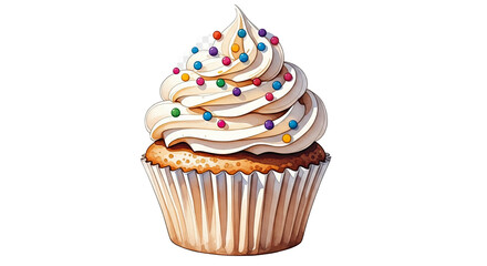 A watercolor illustration of a cupcake with white frosting and colorful sprinkles on a black background