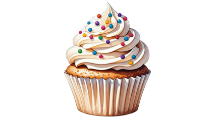 A watercolor illustration of a cupcake with white frosting and colorful sprinkles on a black background