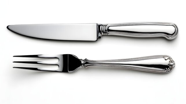 Elegant silver cutlery set against a white background.