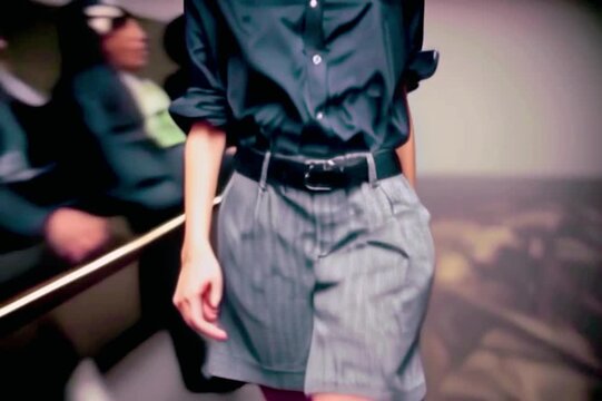 Uma mulher vestindo camisa social preta e bermuda cinza de alfaiataria com cinto preto.