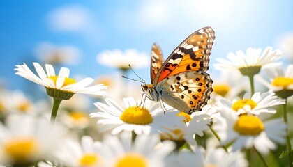 Obraz premium Butterfly on a field of daisies under bright sunlight