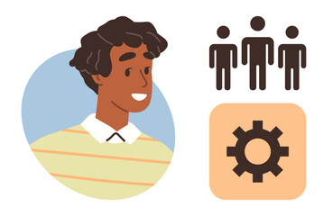 Naklejka premium Smiling individual beside group and gear icons conveying teamwork, leadership, innovation, problem-solving. Ideal for business, collaboration, workflow, leadership, community human resource simple