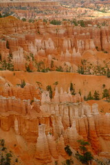 Layered rock formations, hoodoos, red cliffs at bryce canyon national park utah with blue skies and puffy clouds and trees