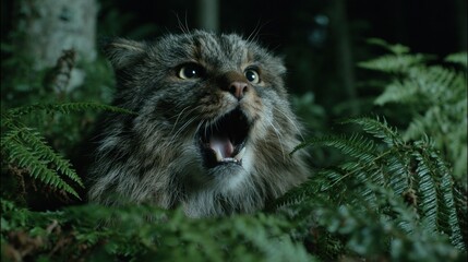 A cat with open mouth, in forest