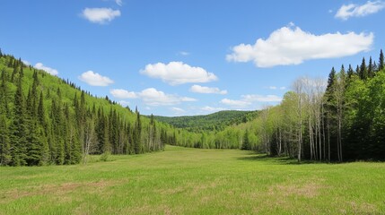 Fototapeta premium Lush green meadow stretches between forested hills under a vibrant blue sky