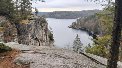High angle view of rocky cliff overlooking calm lake, trees