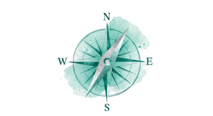 A teal compass rose with north south east and west directions on a black background illustration art
