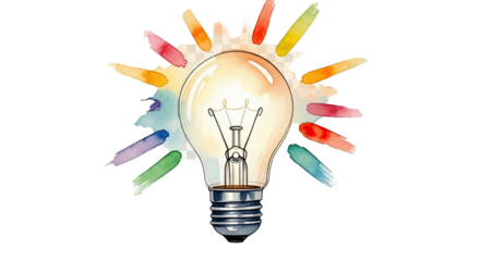 Watercolor illustration of a lightbulb surrounded by colorful brush strokes against a black background