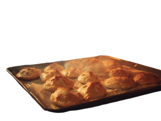 Warm golden baked pastries steaming on a baking sheet fresh from the oven creating an inviting aroma and delicious culinary scene