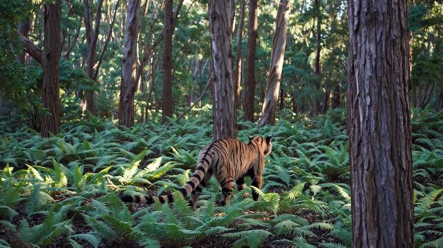 A tiger strolls through a lush forest, captured at eye level. The video style emphasizes the natural beauty and serene atmosphere of the woods.