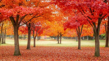 Autumnal park pathway lined with vibrant red and orange trees