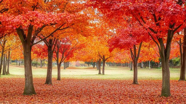 Autumnal park pathway lined with vibrant red and orange trees