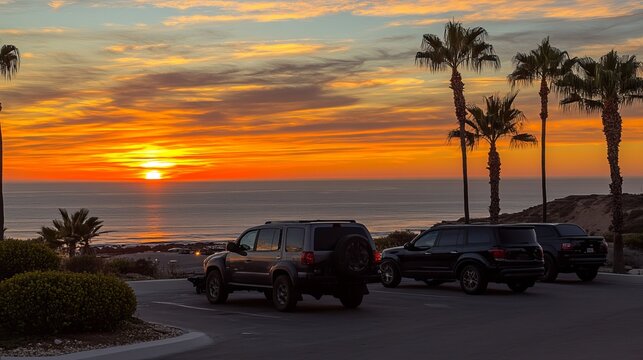 Sunset over ocean, cars parked