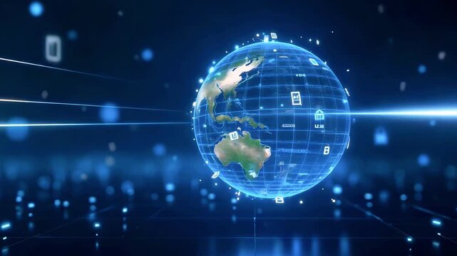 Digital globe representation showcasing global connectivity with data security icons in a futuristic setting