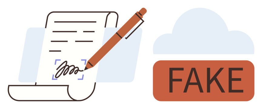 Pen signing document, fake detection alert with cloud icon. Ideal for authentication, validation, forgery prevention, digital security, legal compliance, fraud detection, data integrity simple flat