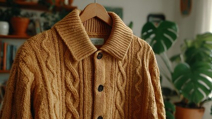 Close-up of a mustard-colored cable knit cardigan.