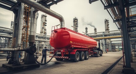 Fototapeta premium Wide angle view of a tanker truck receiving fuel at an oil refinery facility.
