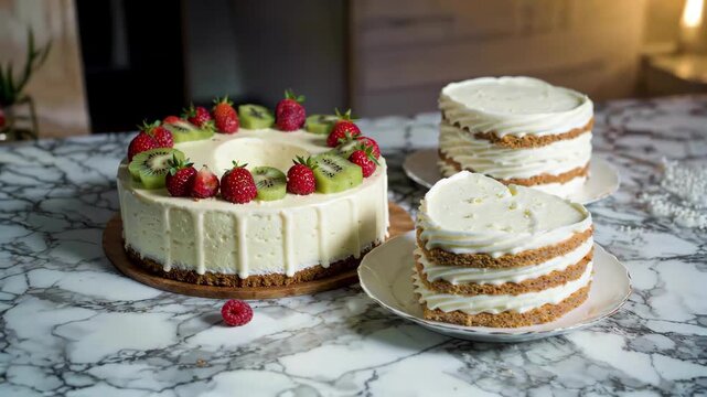 Multi-style fruitcake on marble tabletop Delicate strawberry odd