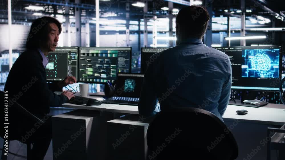 Poster data center system administrators use pc to monitor neural network using ai llm. asian man and colle