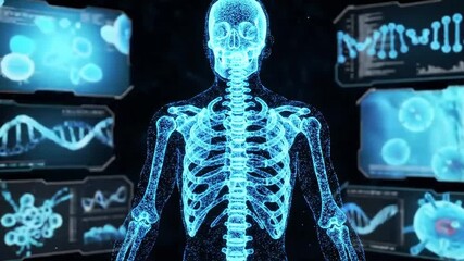 Skeleton with advanced digital displays that show medical research and health data - Powered by Adobe