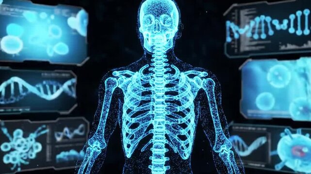 Skeleton with advanced digital displays that show medical research and health data