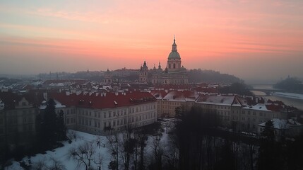 Panoramic winter sunrise over Prague's historic city center, with snow-covered rooftops and a misty river